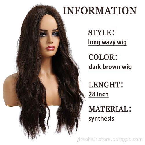 Wholesale dark brown black wig with bangs synthetic black hair wig women's long wave wig heat-resistant natural waves everyday